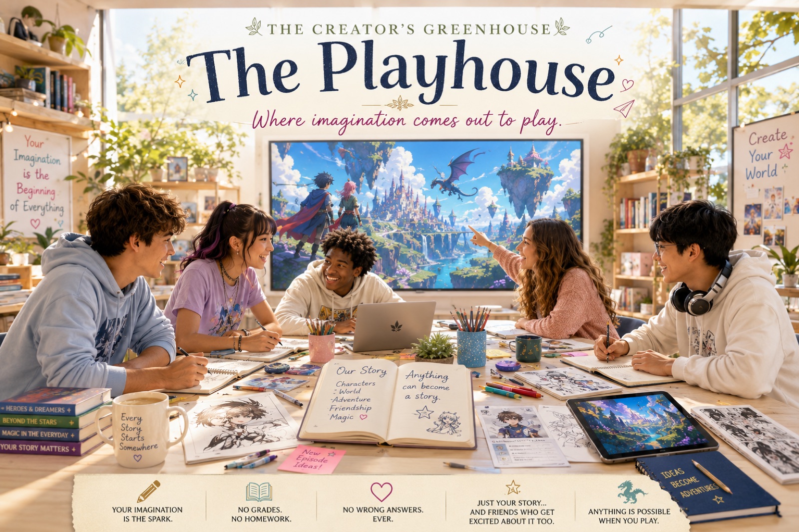 The Playhouse — young storytellers around a creative table, an anime world glowing on the screen behind them.